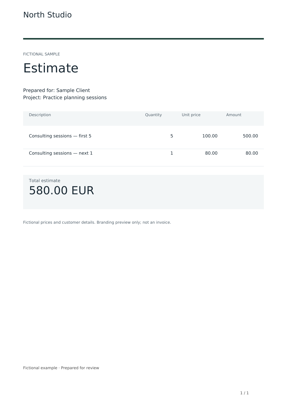 Actual Pro-generated estimate PDF with fictional services, quantities and an itemized total.