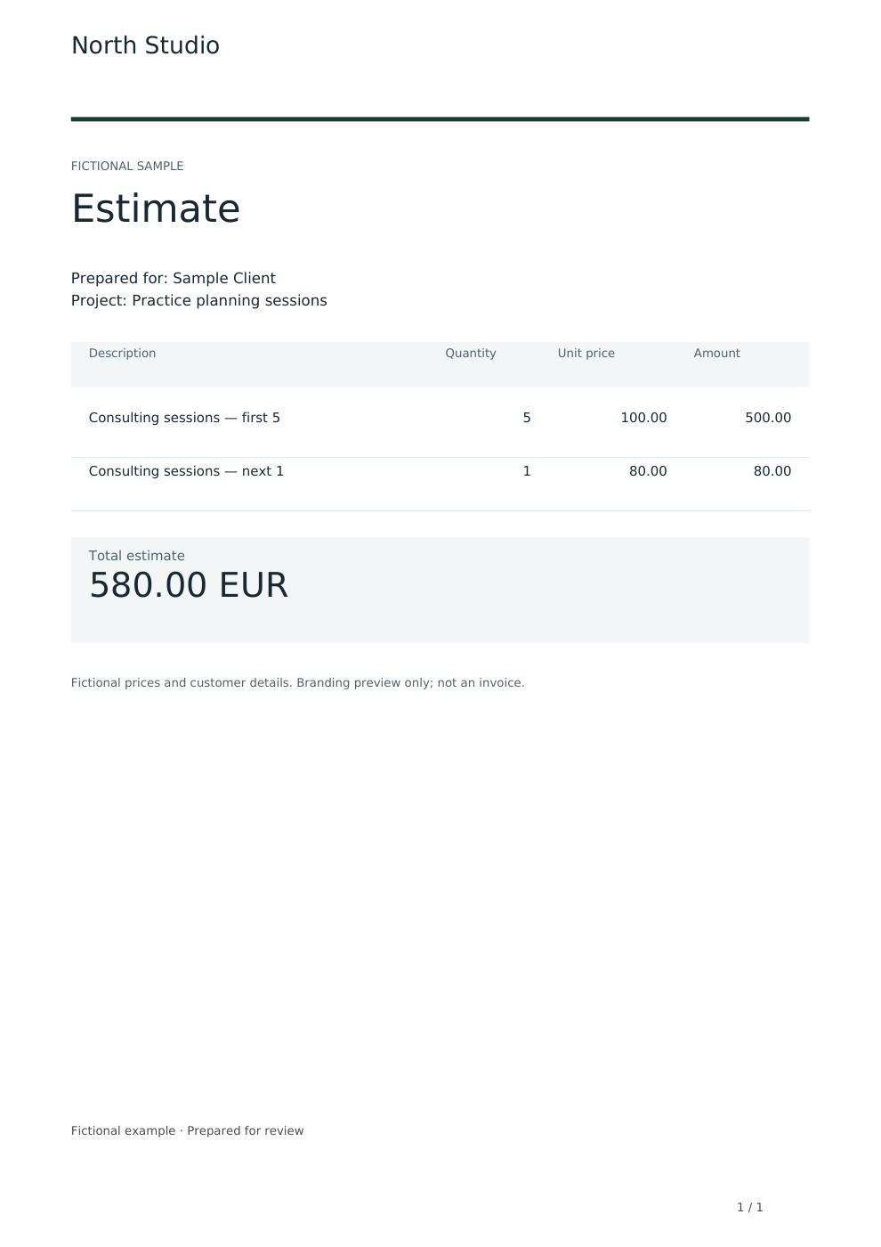 Actual Pro 1.1.2 generated estimate PDF with fictional services and an itemised EUR 580 total.